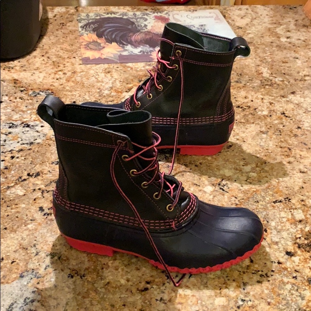 Pink and blue duck boots